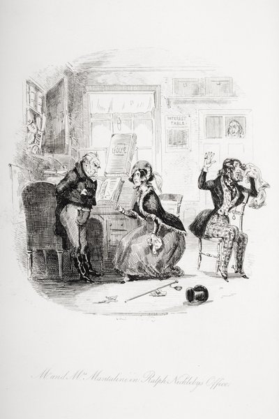 Mr. und Mrs. Mantalini im Büro von Ralph Nickleby zwischen Sir Mulberry und seinem Schüler, Illustration aus 